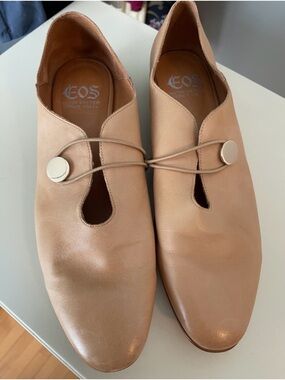 eos Tan Leather Slip-Ons with Round Metallic Button